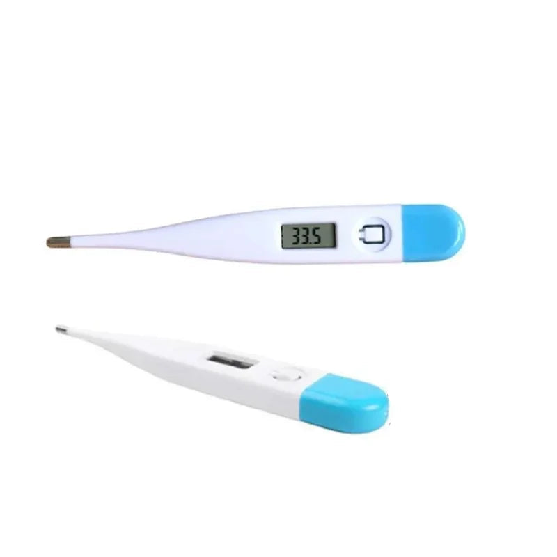 Blue and white digital pet thermometer shown from two angles with LCD temperature display, power button and metal probe tip