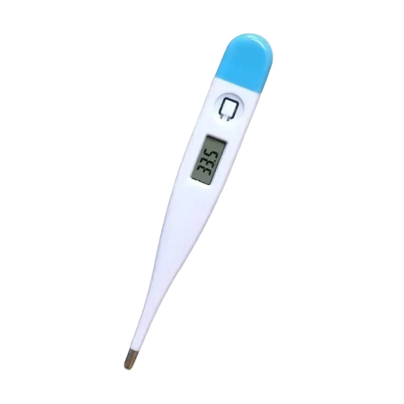 Blue and white digital pet thermometer with LCD temperature display, power button and metal probe tip