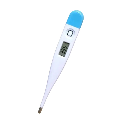 Blue and white digital pet thermometer with LCD temperature display, power button and metal probe tip