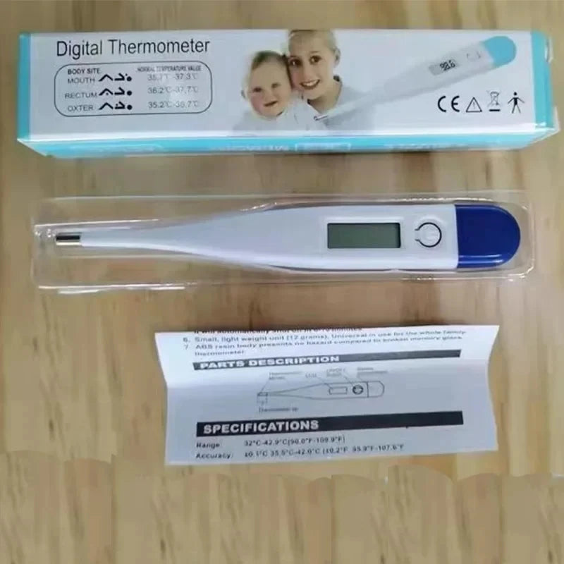 Blue and white digital thermometer shown with retail packaging, protective tray and printed instruction sheet