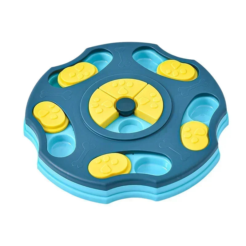 Blue interactive dog puzzle feeder with yellow sliding covers and rotating treat compartments for enrichment and slow feeding