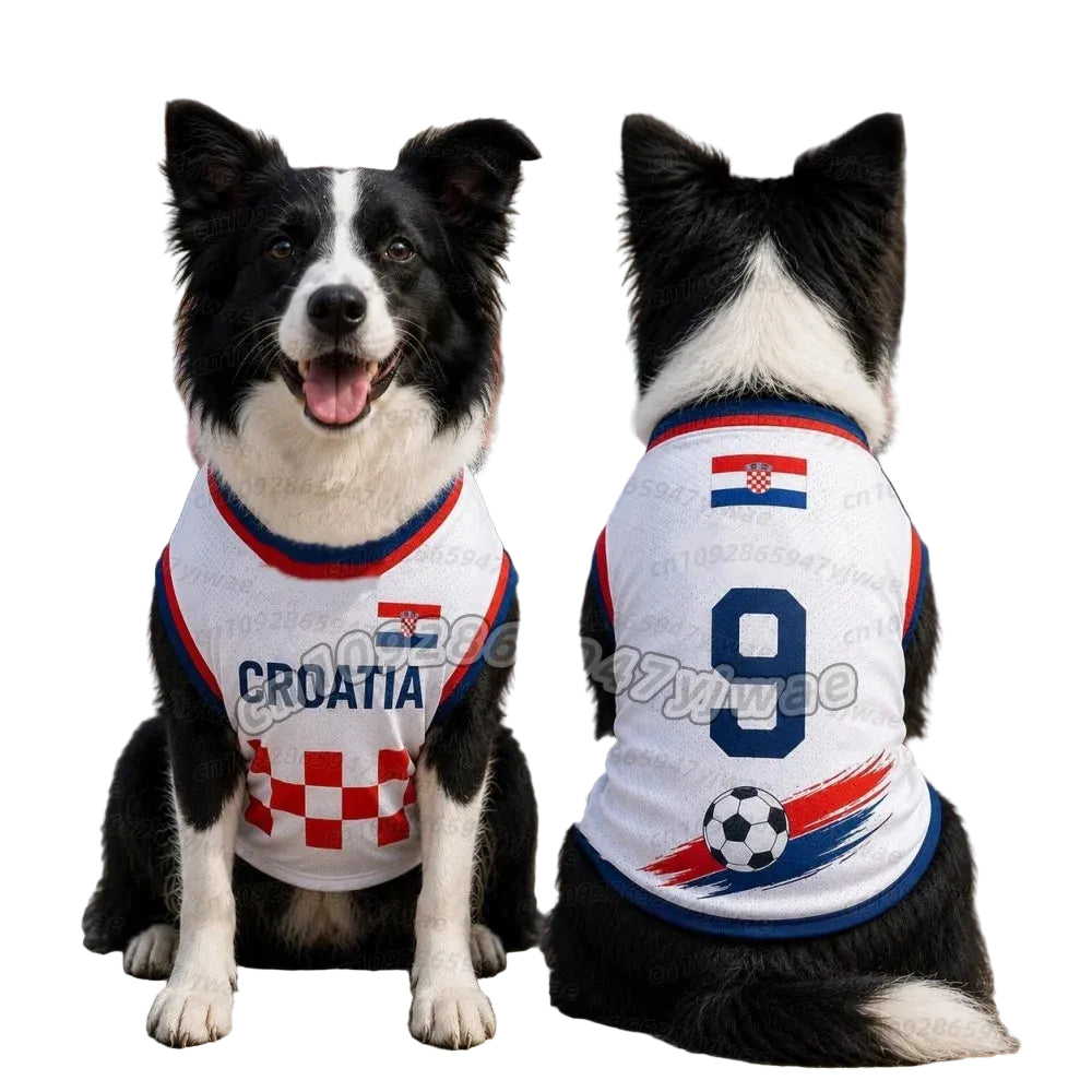Border Collie wearing a white Croatia dog soccer jersey with red and blue trim, number 9 and football graphic, shown front and back