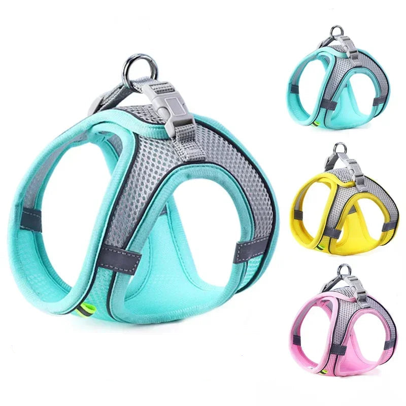 Breathable mesh dog harness shown in aqua blue, yellow and pink colour options with reflective trim and leash attachment ring