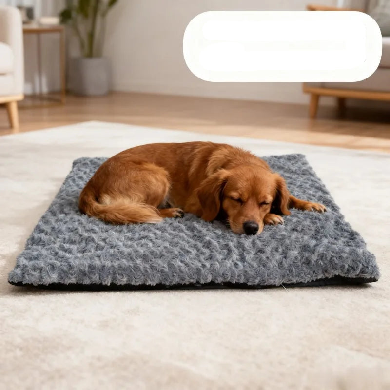 Brown dog sleeping on a grey plush self-warming pet mat in a living room