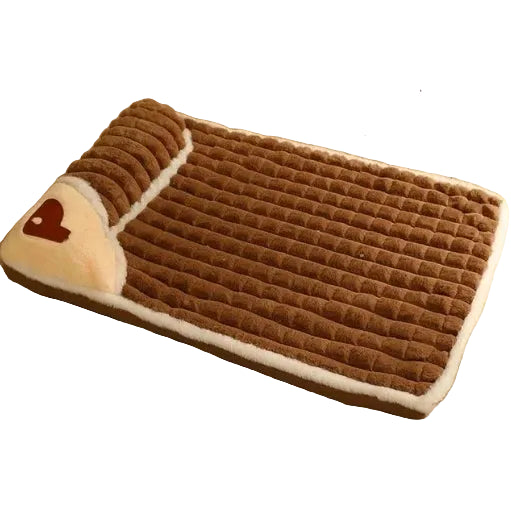 Brown quilted dog bed mat with soft padded surface, raised pillow support and bone-shaped detail
