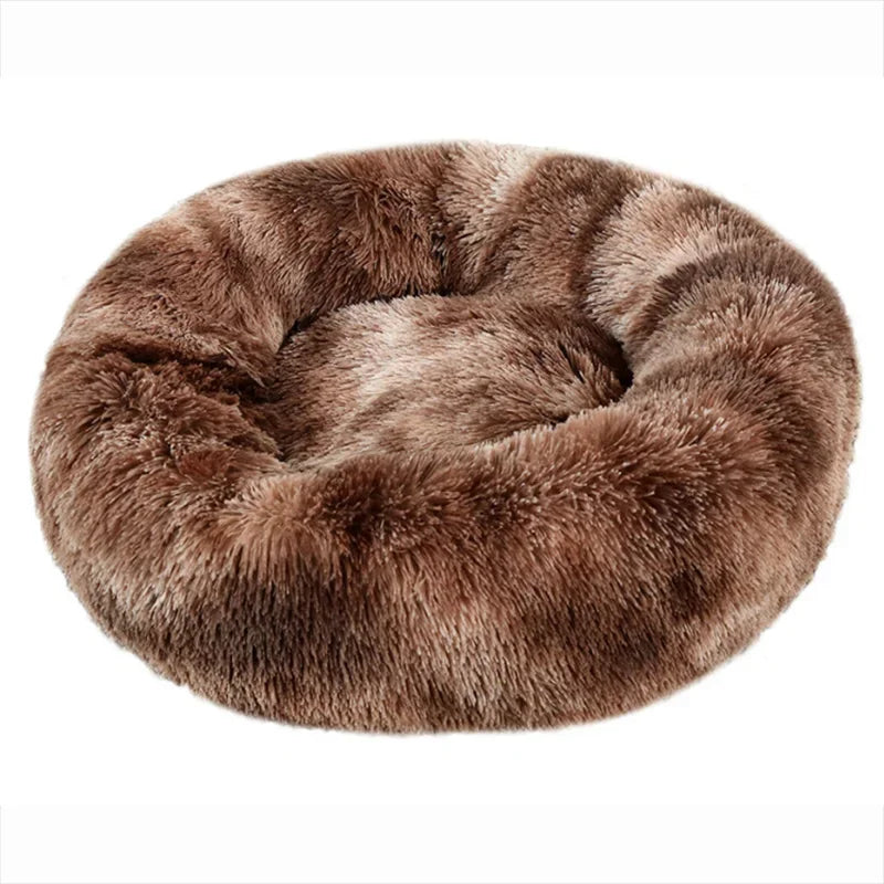 Brown round plush donut pet bed with soft faux fur and raised cushioned sides for cats and small dogs