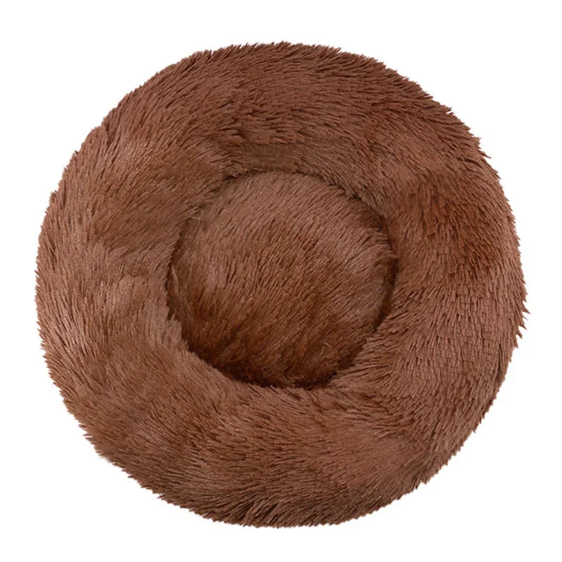 Brown round plush donut pet bed with soft faux fur and raised cushioned sides for cats and small dogs