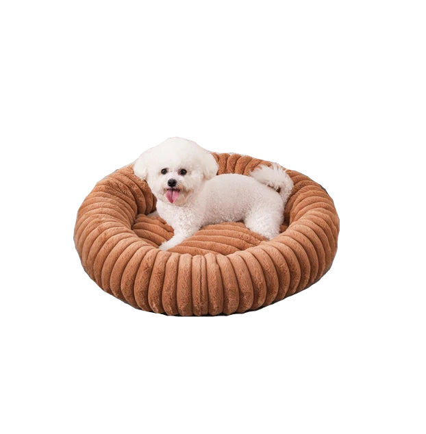 Small white dog resting in a brown round ribbed dog bed with raised cushioned sides