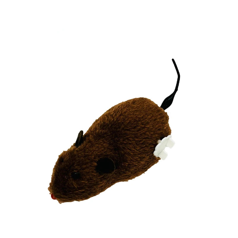 Brown plush wind-up mouse cat toy with black tail, small ears and white winding key