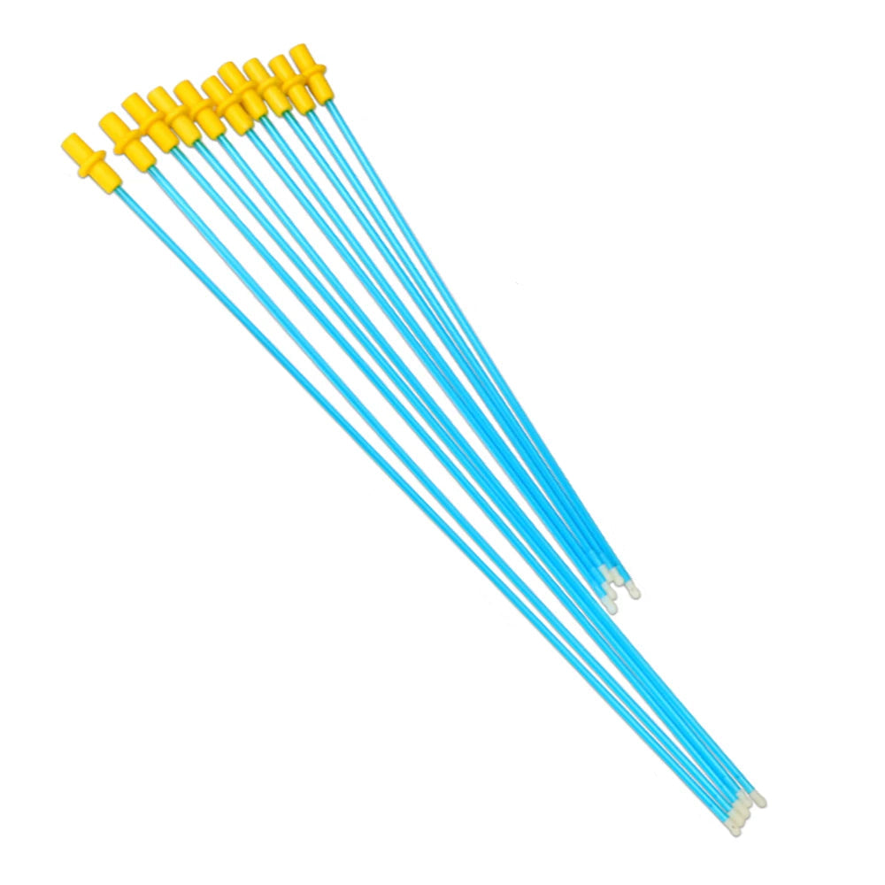 Bulk set of blue canine artificial insemination catheters with yellow syringe connectors on a white background