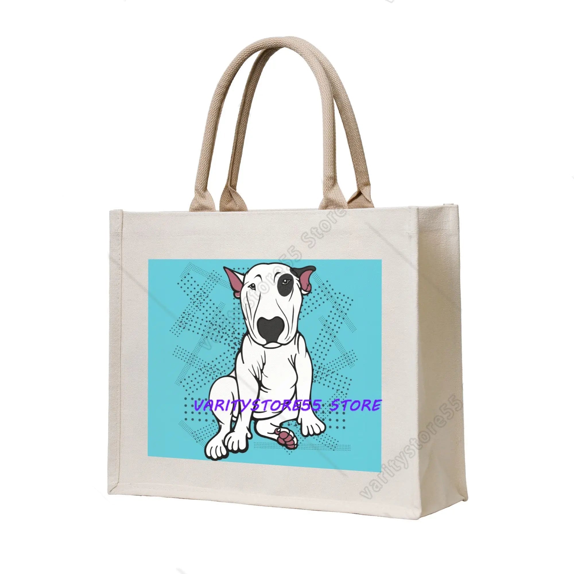 Cream canvas tote bag featuring a cartoon Bull Terrier illustration on a blue graphic background