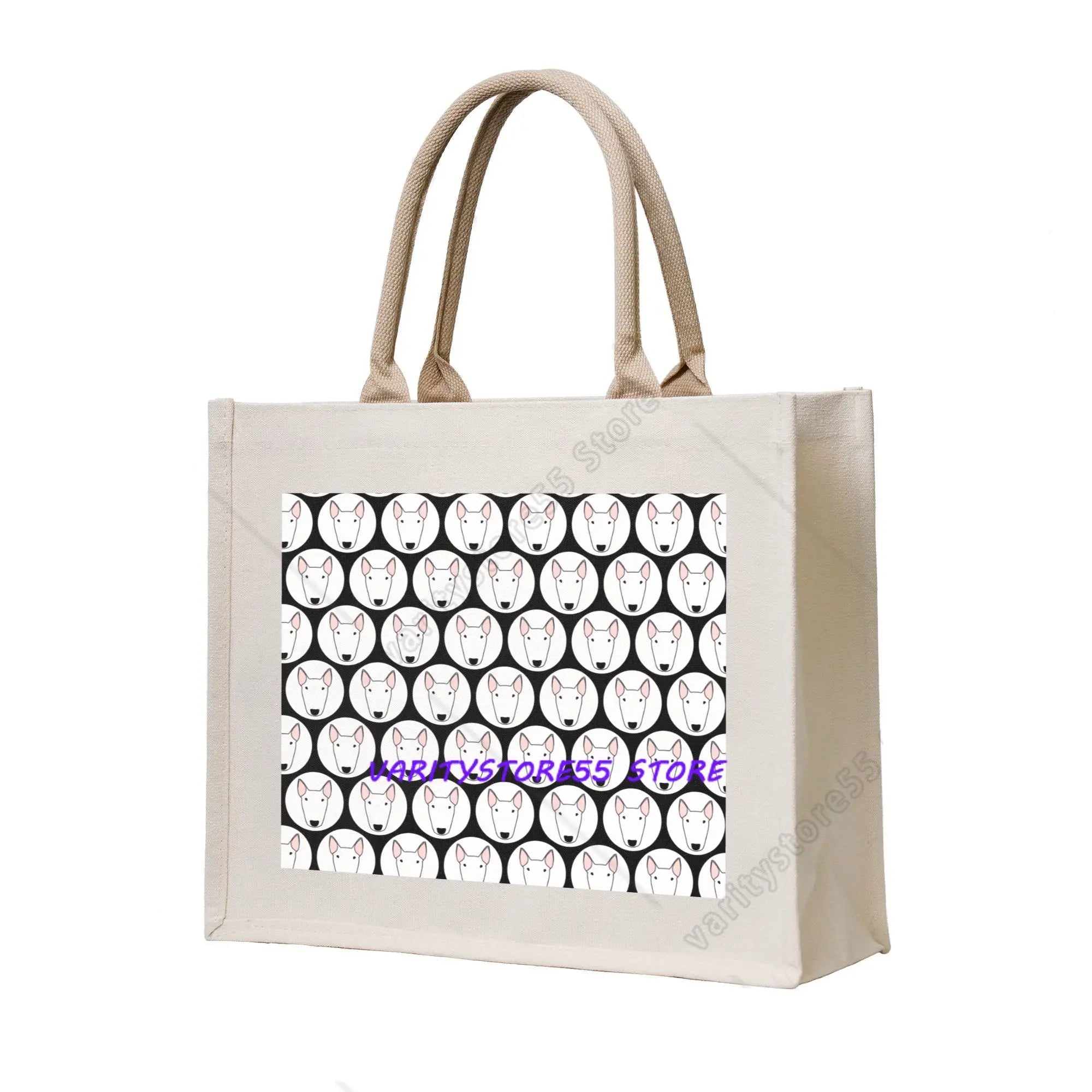 Cream canvas tote bag featuring a repeating black and white Bull Terrier face pattern