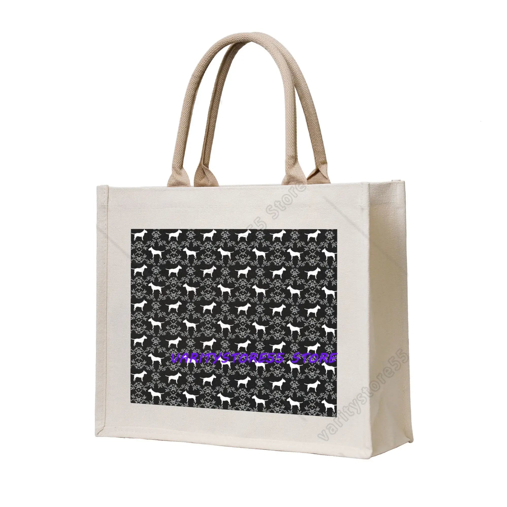 Cream canvas tote bag featuring a black patterned panel with repeating white Bull Terrier silhouettes