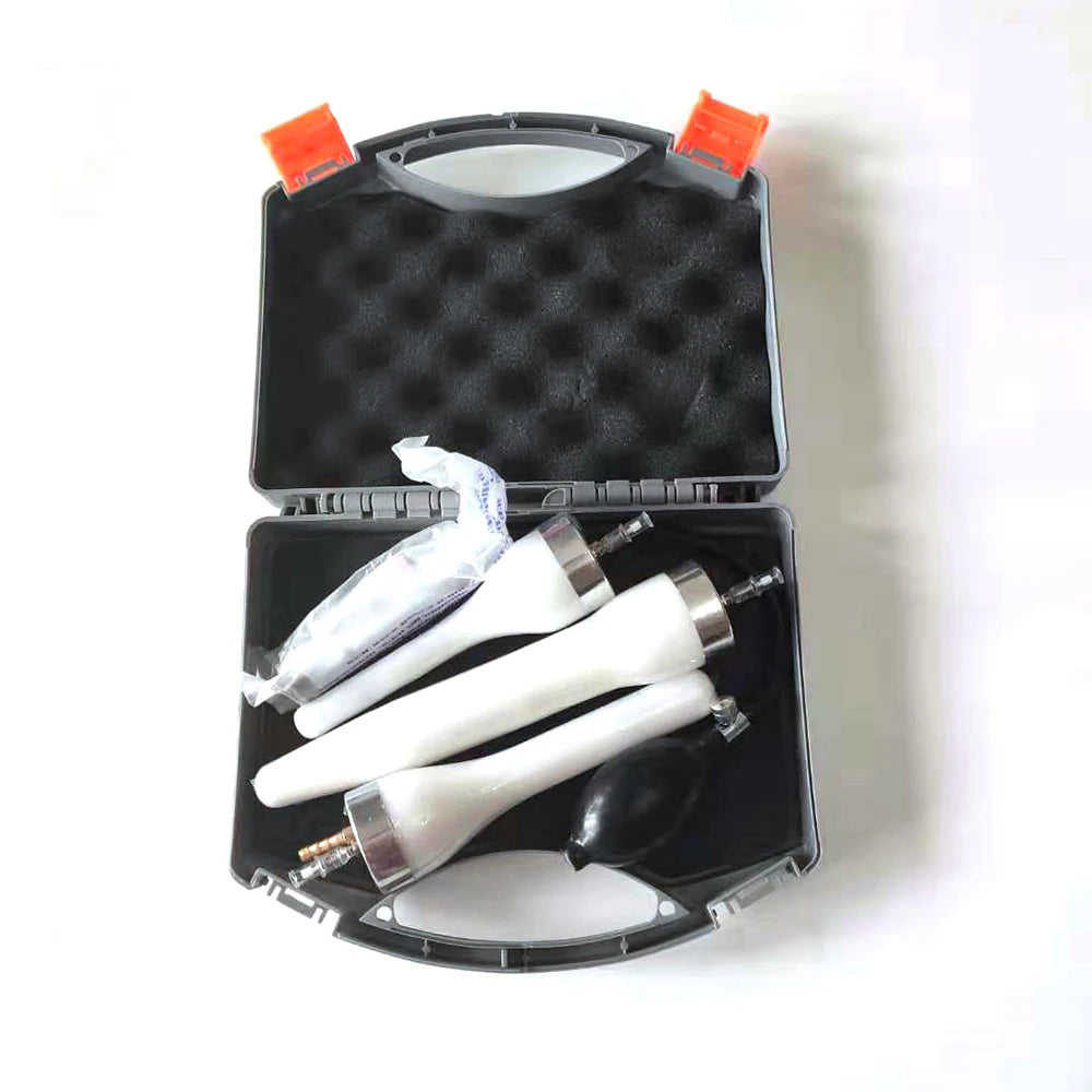 Canine artificial insemination kit with three white catheters, inflation bulb and accessories stored in a protective carry case