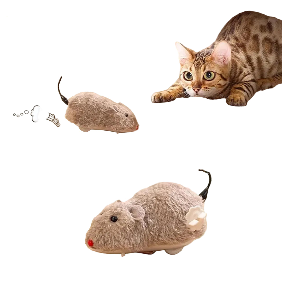 Brown plush wind-up mouse cat toy with black tail and white winding key