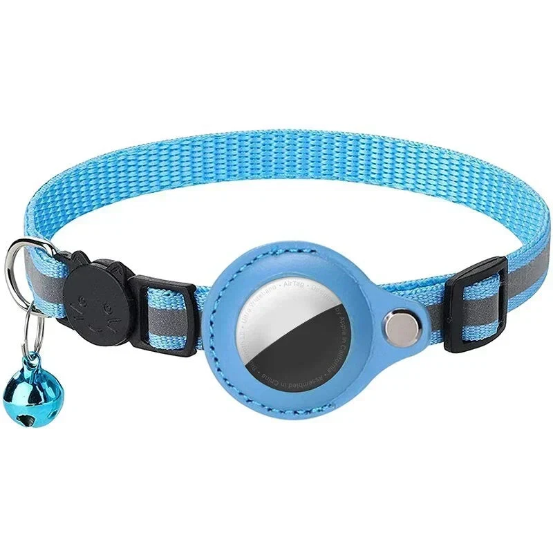 Blue reflective cat collar with bell and AirTag holder casing, shown on a white background