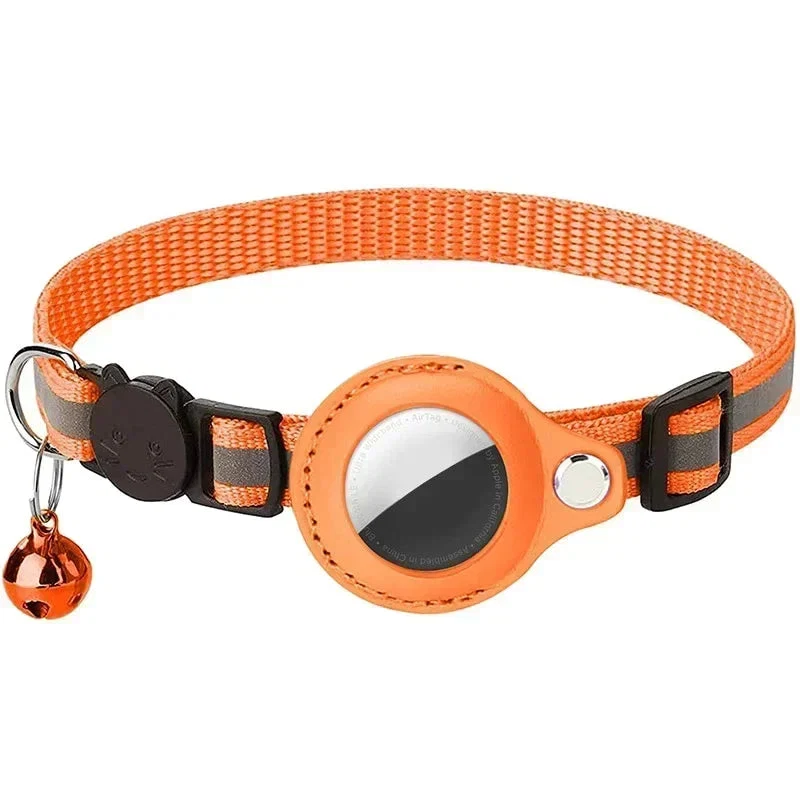 Pink reflective cat collar with bell and AirTag holder casing, shown on a white background
