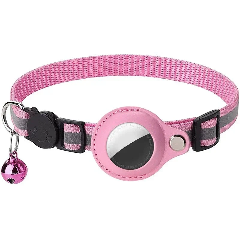 Pink reflective cat collar with bell and AirTag holder casing, shown on a white background