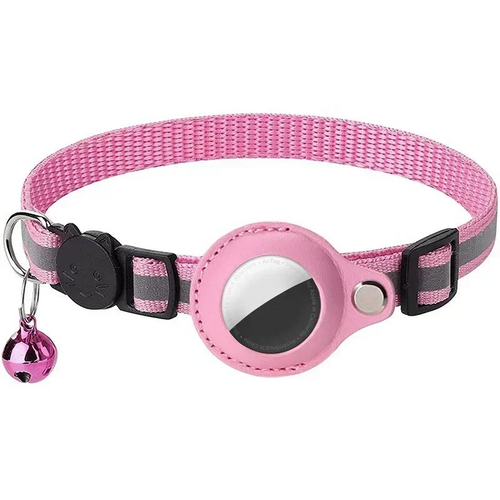 Pink reflective cat collar with bell and AirTag holder casing, shown on a white background