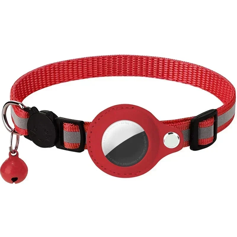 Red reflective cat collar with bell and AirTag holder casing, shown on a white background