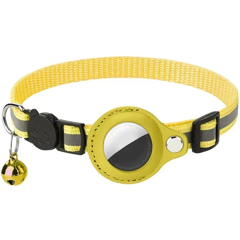 Yellow reflective cat collar with bell and AirTag holder casing, shown on a white background