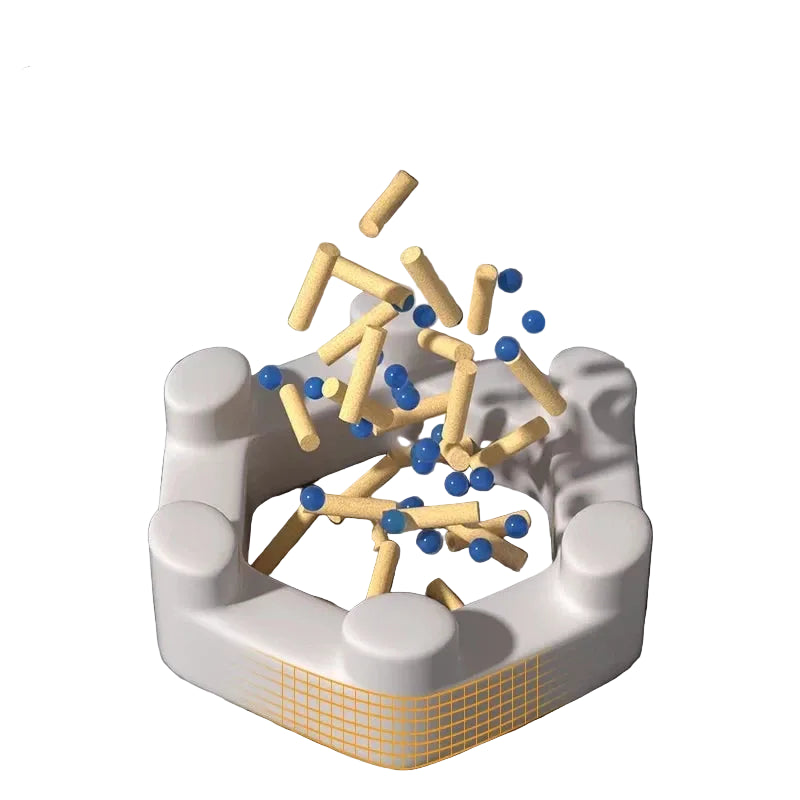 Plastic cat litter filter insert shown with wood pellet litter and absorbent granules