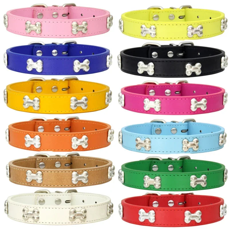 Colourful dog collars in pink, yellow, blue, black, orange, green, red and other colours with silver bone-shaped studs