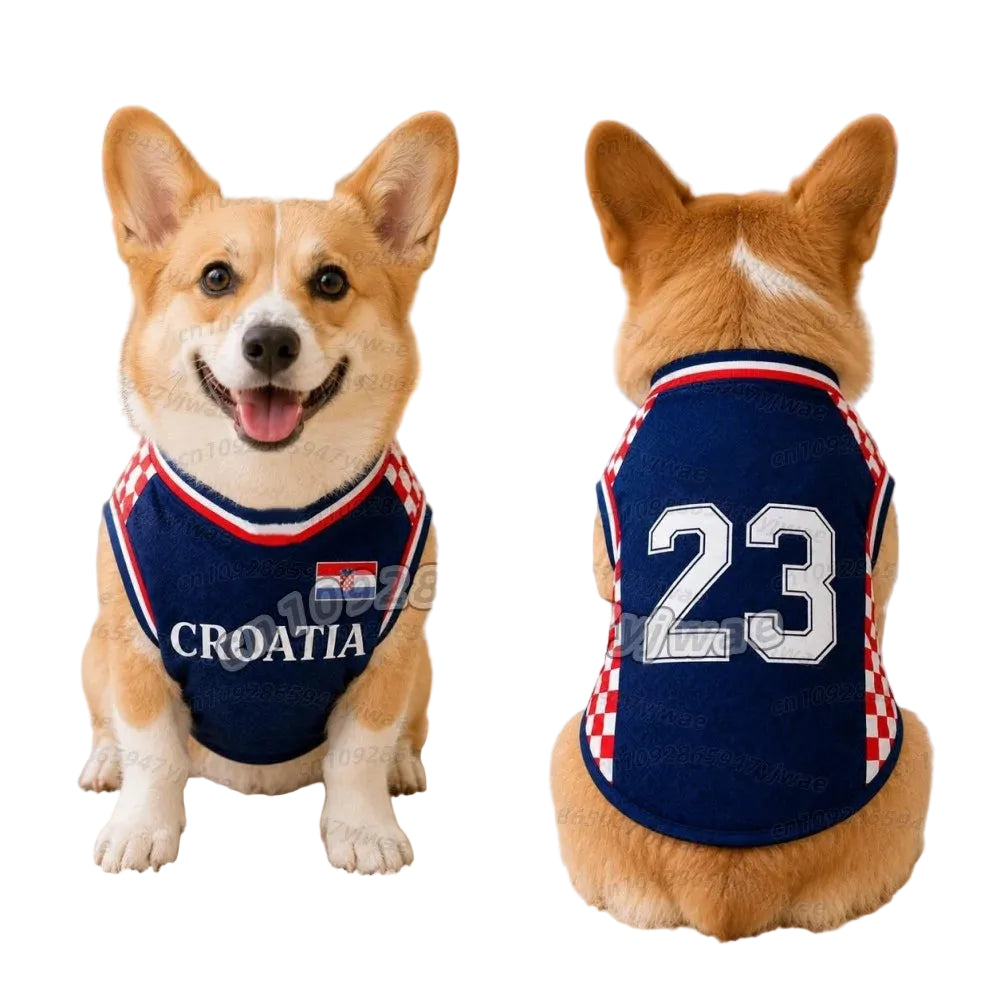 Corgi wearing a navy Croatia dog soccer jersey with red and white check details and number 23, shown from the front and back