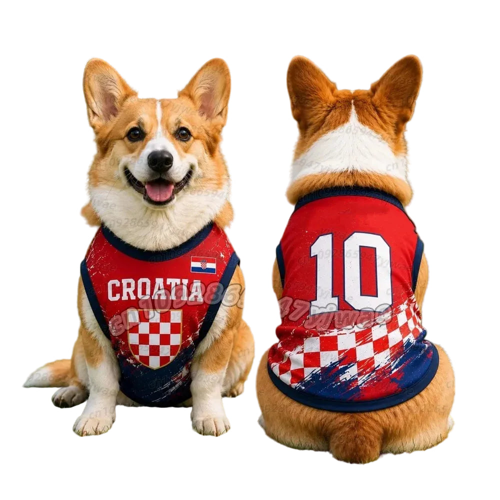 Corgi wearing a red Croatia dog soccer jersey with number 10 and checkered design, shown from the front and back