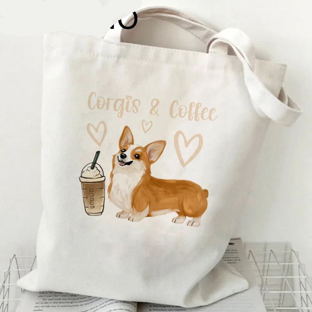 Cream canvas tote bag featuring a Corgi, iced coffee illustration and the words Corgis & Coffee