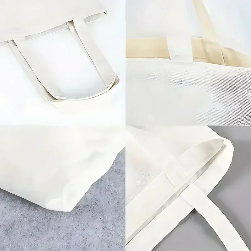 Close-up collage showing the cream canvas tote bag handles, fabric texture, stitching and reinforced seams