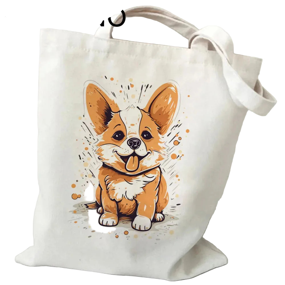 Cream canvas tote bag featuring a cute illustrated Corgi with long shoulder straps