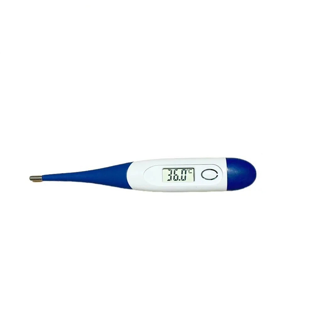 Dark blue and white digital pet thermometer with LCD temperature display, power button and metal probe tip