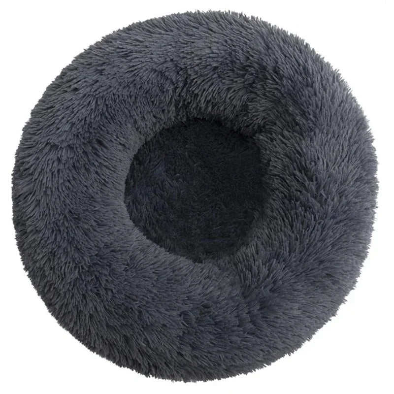 Dark grey round plush donut pet bed with soft faux fur and raised cushioned sides for cats and small dogs