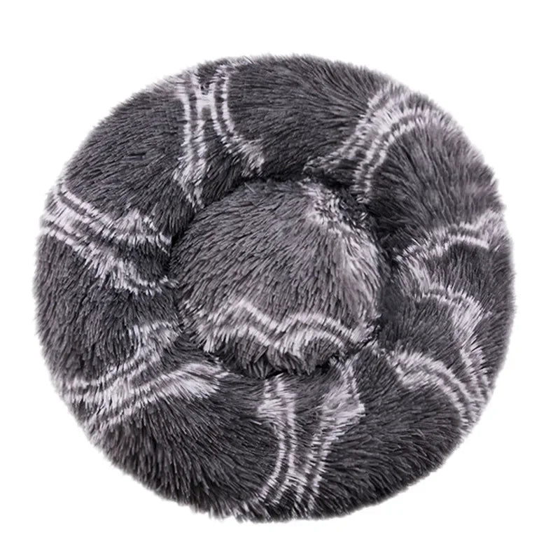 Dark grey striped plush donut pet bed with soft faux fur and raised cushioned sides for cats and small dogs