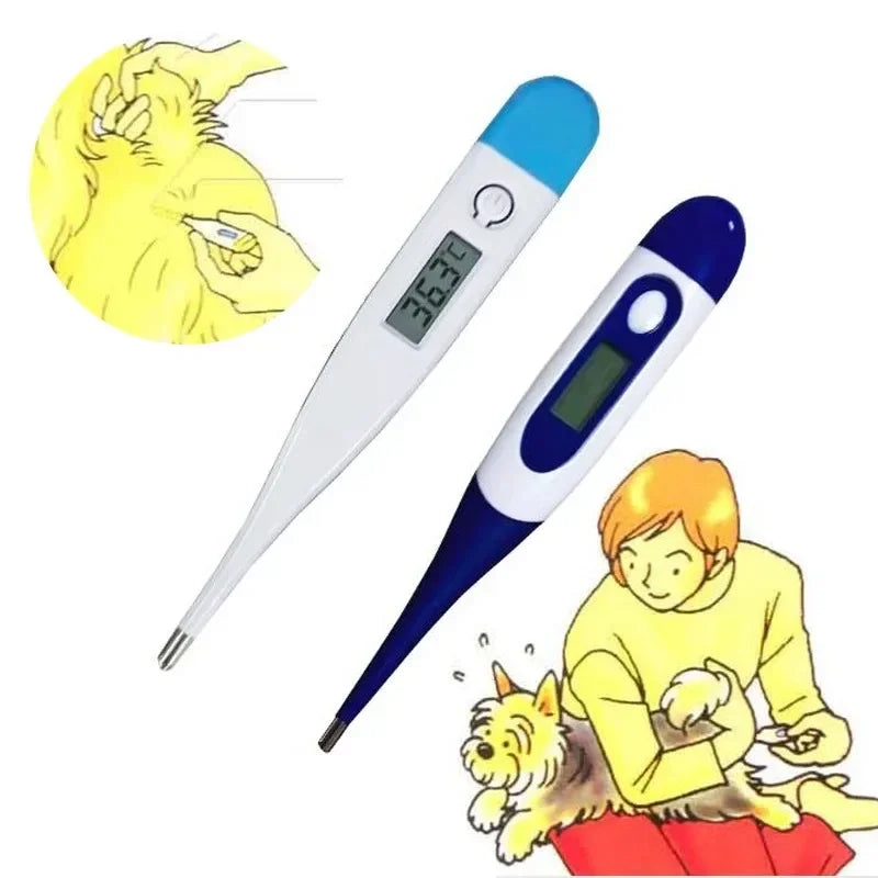 Digital pet thermometers with illustrations showing how to check a dog’s temperature using a thermometer