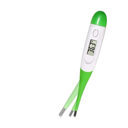 Green and white digital pet thermometer with LCD temperature display and metal probe tip