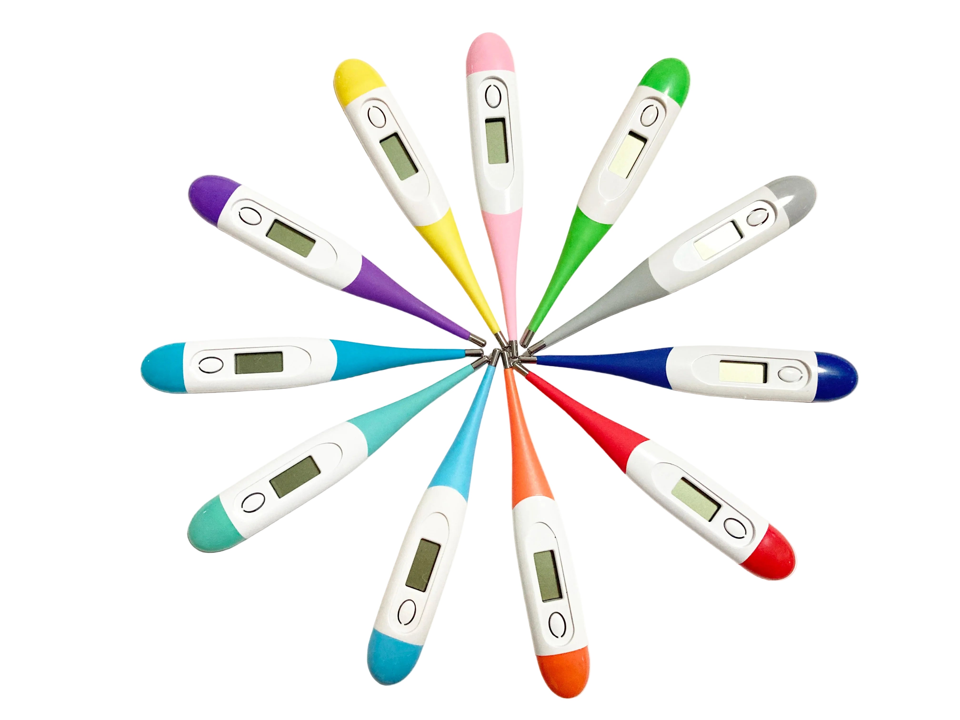 Digital pet thermometers arranged in multiple colour options with LCD displays and probe tips