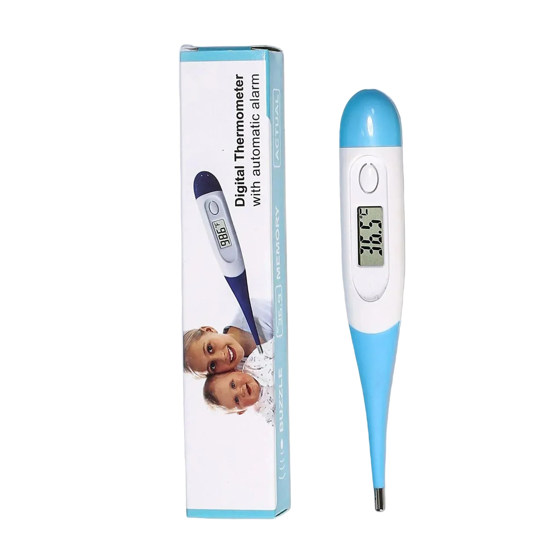 Blue and white digital thermometer with LCD display and automatic alarm beside its product packaging.