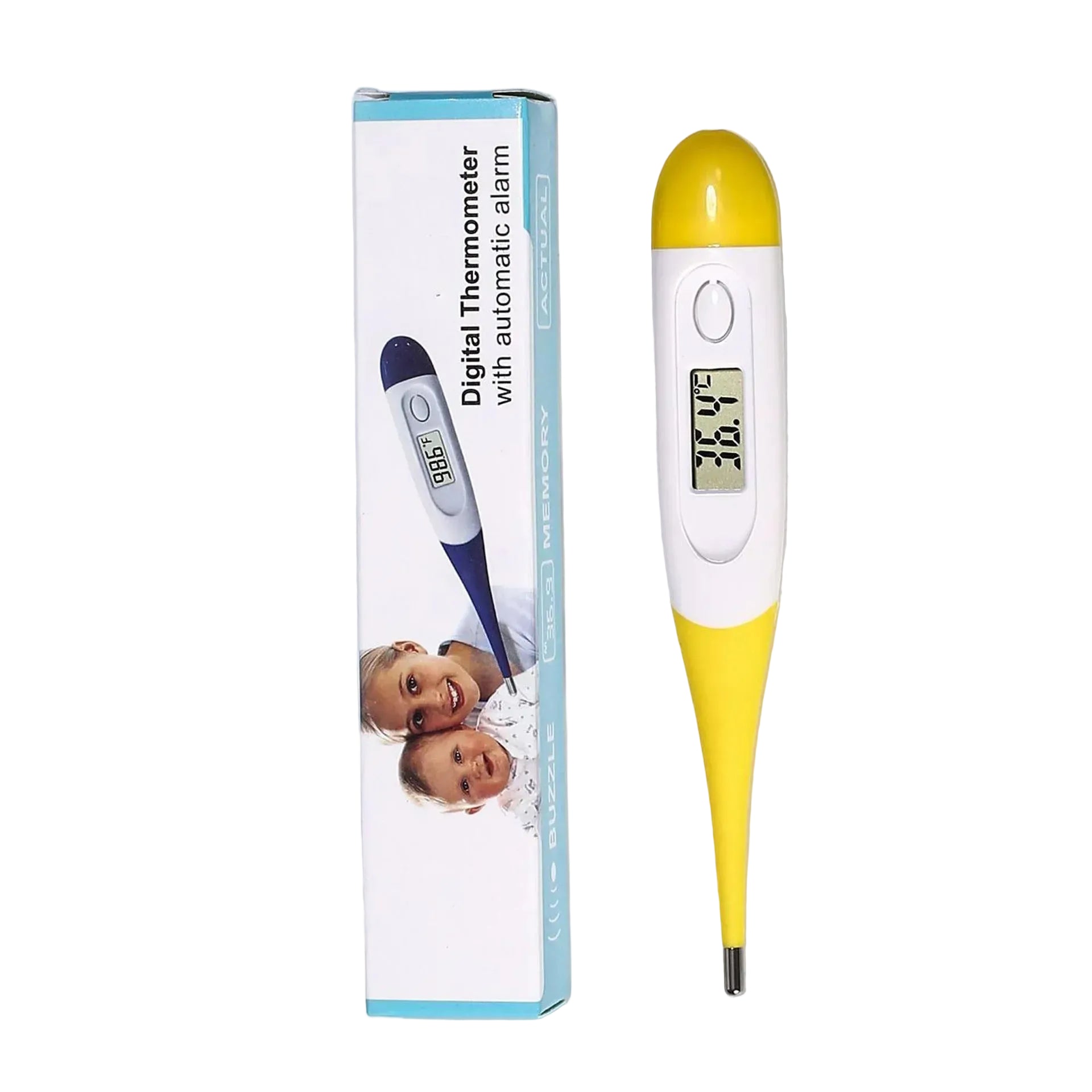 Yellow and white digital thermometer with automatic alarm displayed beside its retail packaging