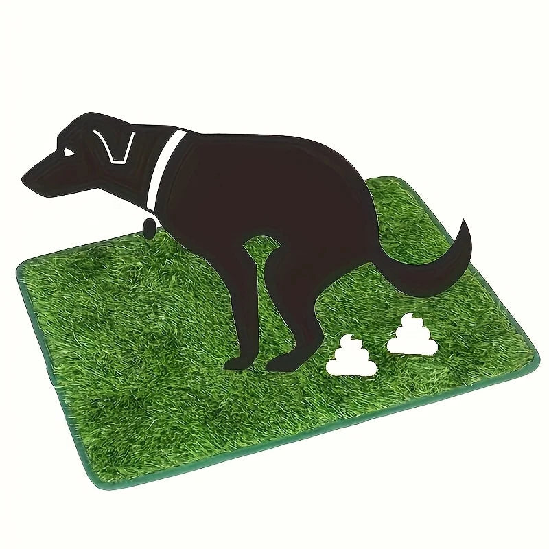 Illustration of a dog using a rectangular artificial grass potty training mat for indoor toilet training