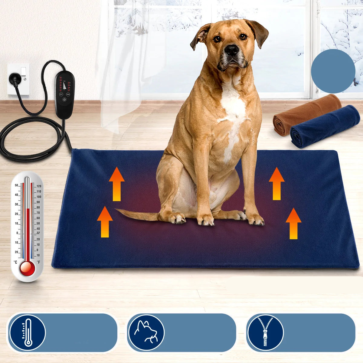 Dog sitting on a navy electric heated pet mat with temperature controller, heat indicators and removable fabric covers