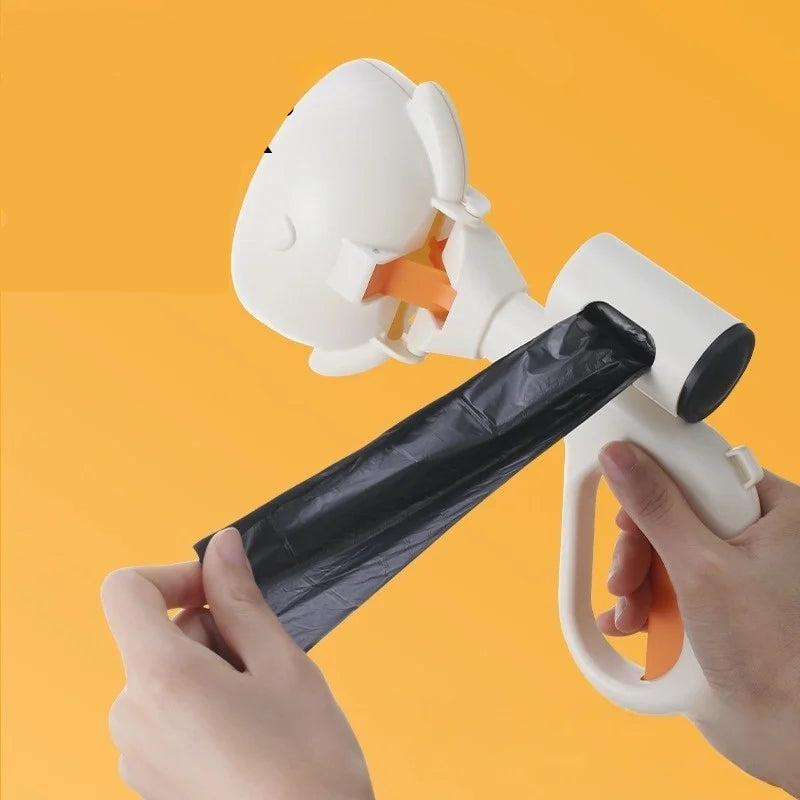 Dog poop scooper with built-in waste bag dispenser and black pet waste bag