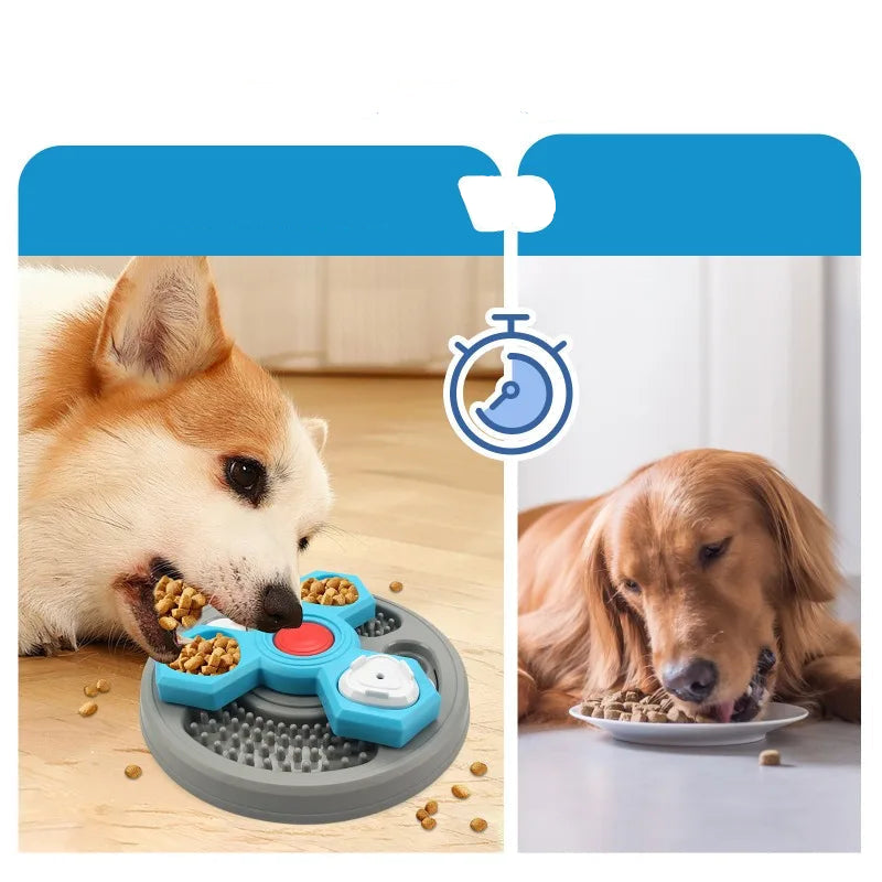 Dog using an interactive puzzle feeder beside a dog eating from a regular bowl, with a stopwatch icon showing feeding time