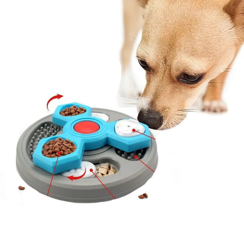 Dog using a rotating interactive puzzle feeder with hidden treat compartments and dry dog food