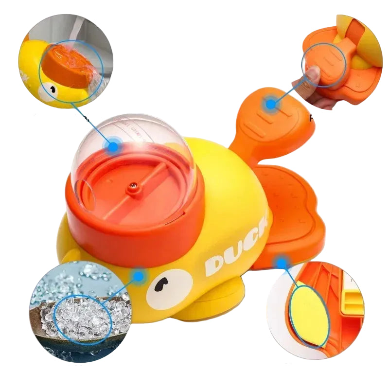 Duck-shaped dog food dispenser showing paw button, non-slip base and removable feeding bowl