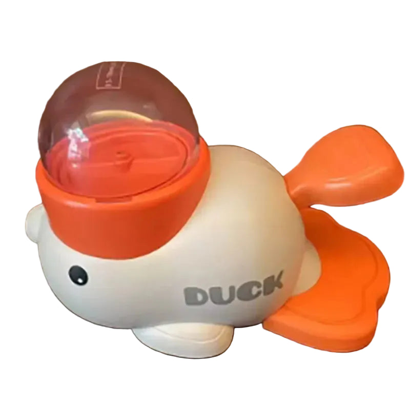 Orange and white duck-shaped pet water dispenser with covered drinking bowl