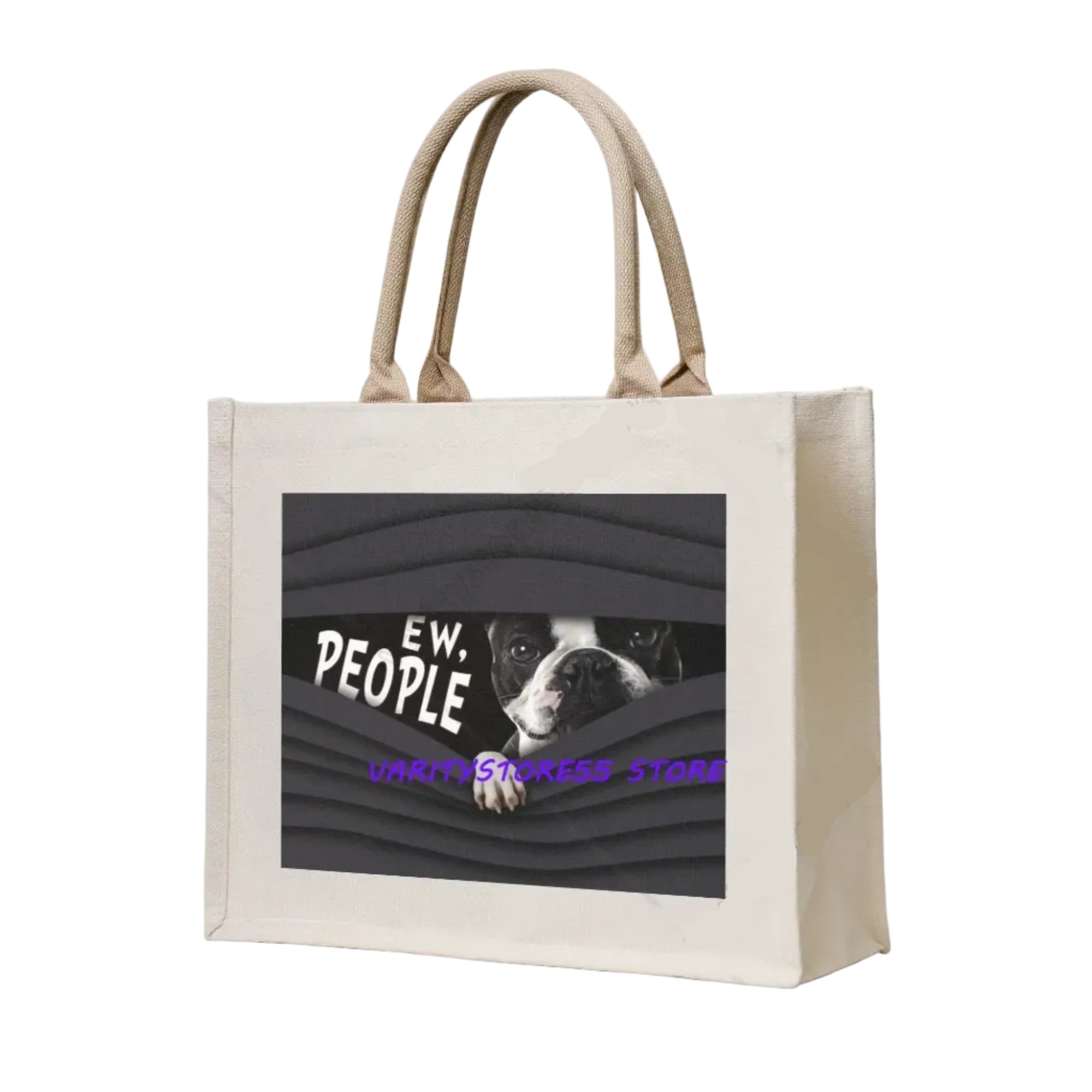Cream canvas tote bag featuring a dog peeking through a dark graphic with the phrase Ew, People