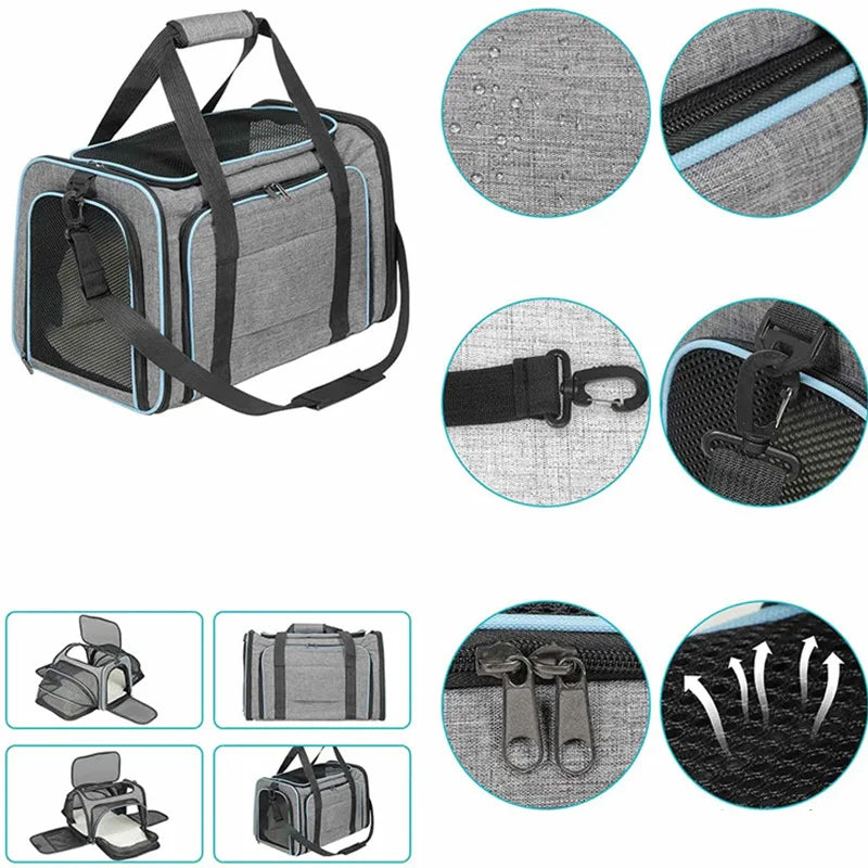 Grey expandable mesh pet carrier showing fabric, zipper, safety clips, breathable panels and foldable design details