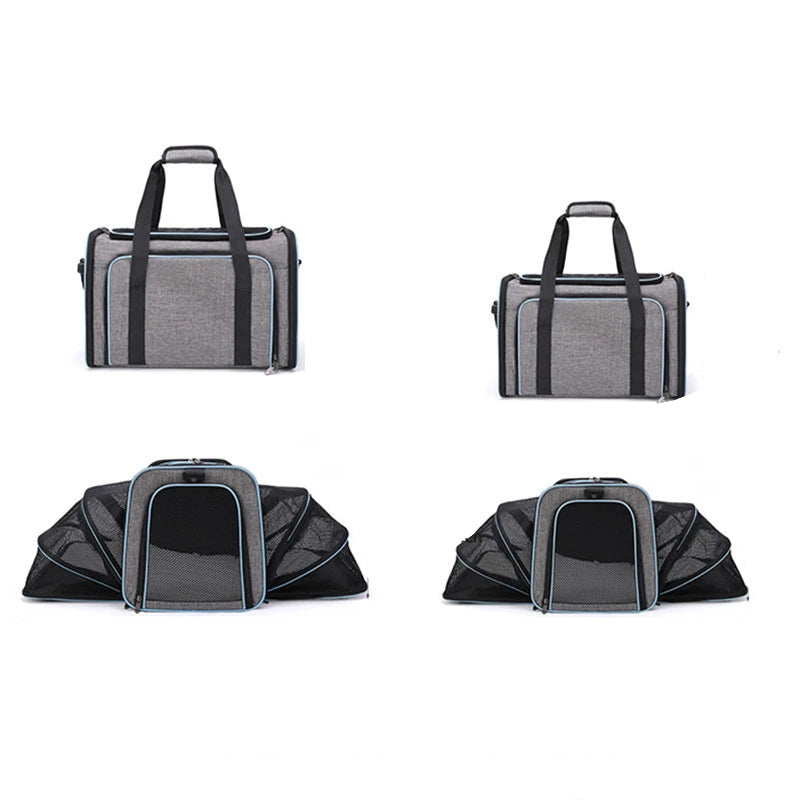 Grey expandable mesh pet carrier shown in compact and fully expanded views with carry handles and breathable side panels